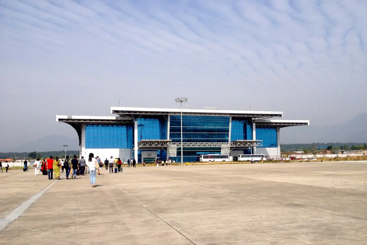 Terminal building of Dehradun airport under a patterned sky