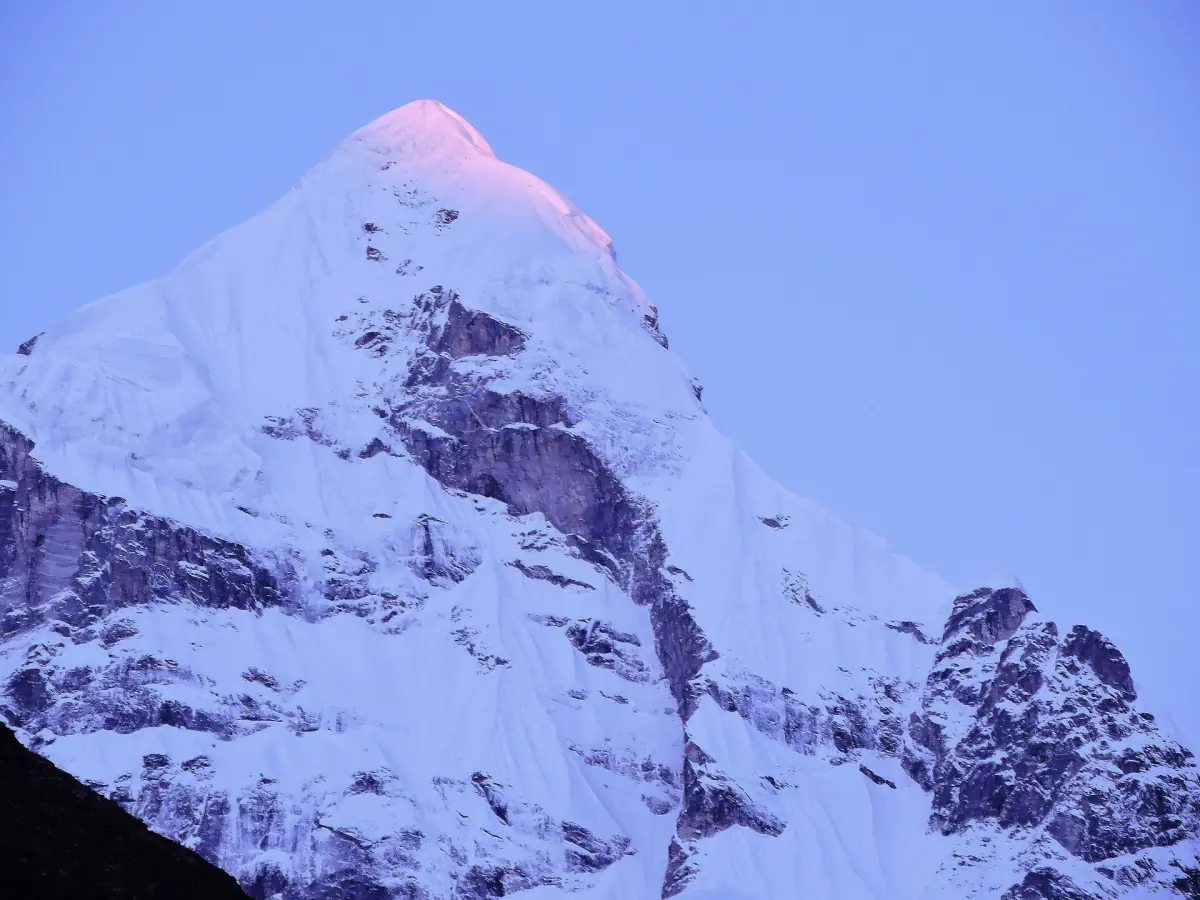 Snowy ridge of Neelkanth peak against a blue sky