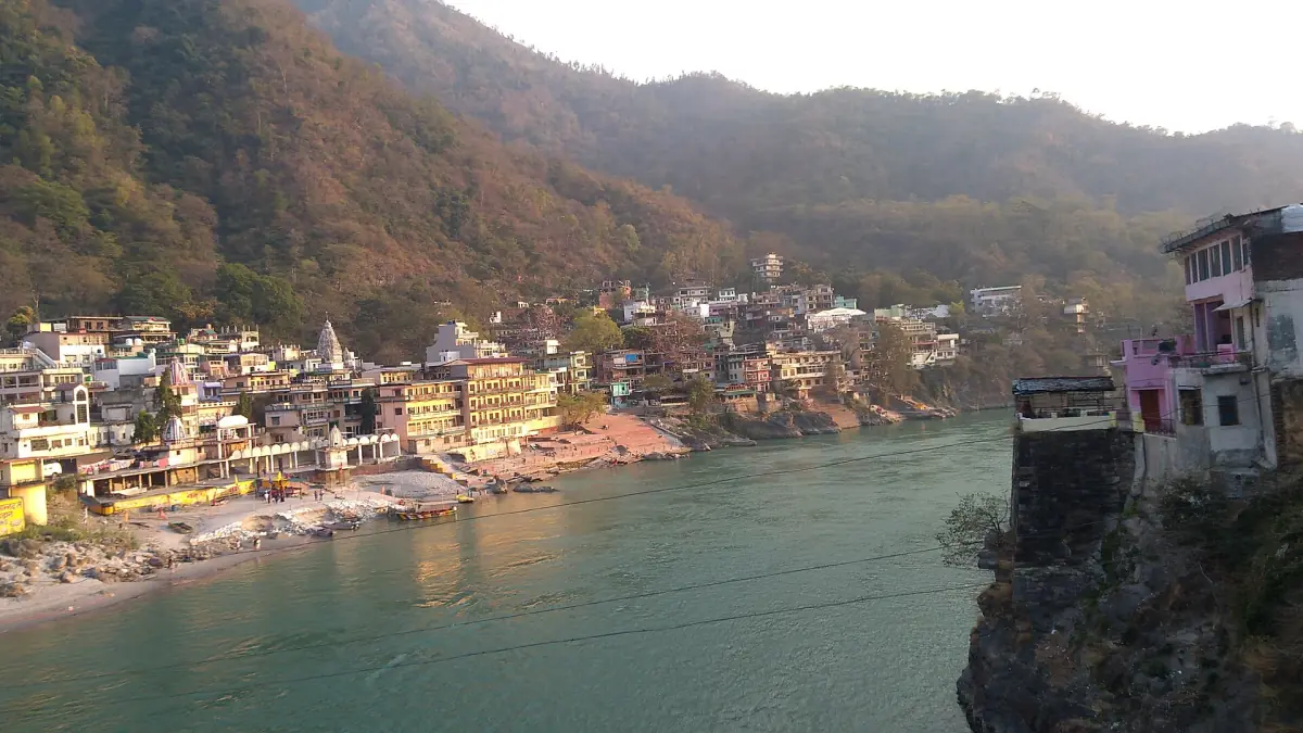 Ganges ghats and temples at Rishikesh below forested hills