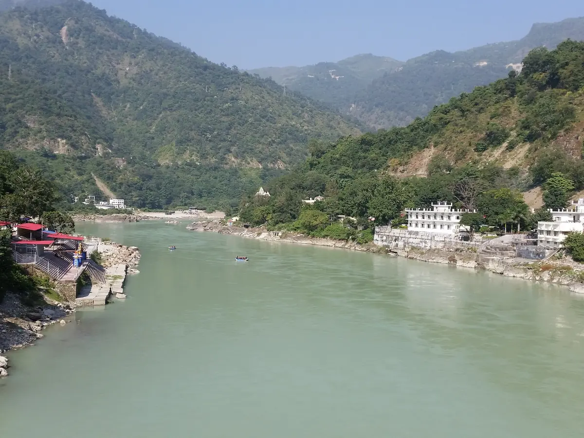 Green water of the Ganges flowing between hills at Rishikesh