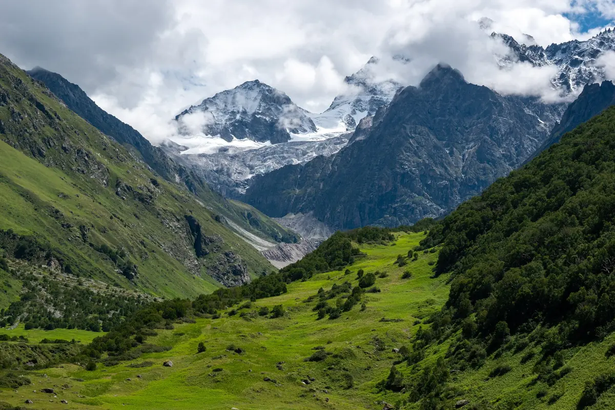 Meadows of the Valley of Flowers below a glacier and rocky peaks