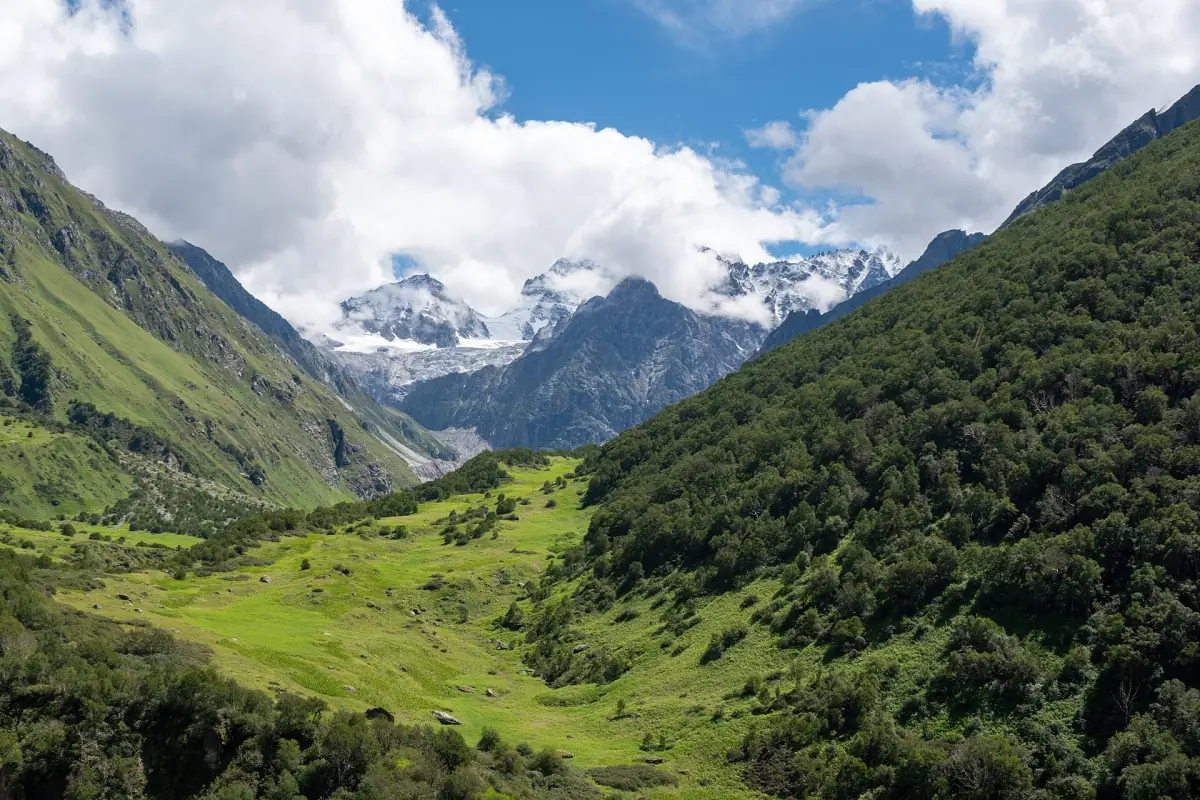 Green Valley of Flowers with snow peaks and clouds in the background